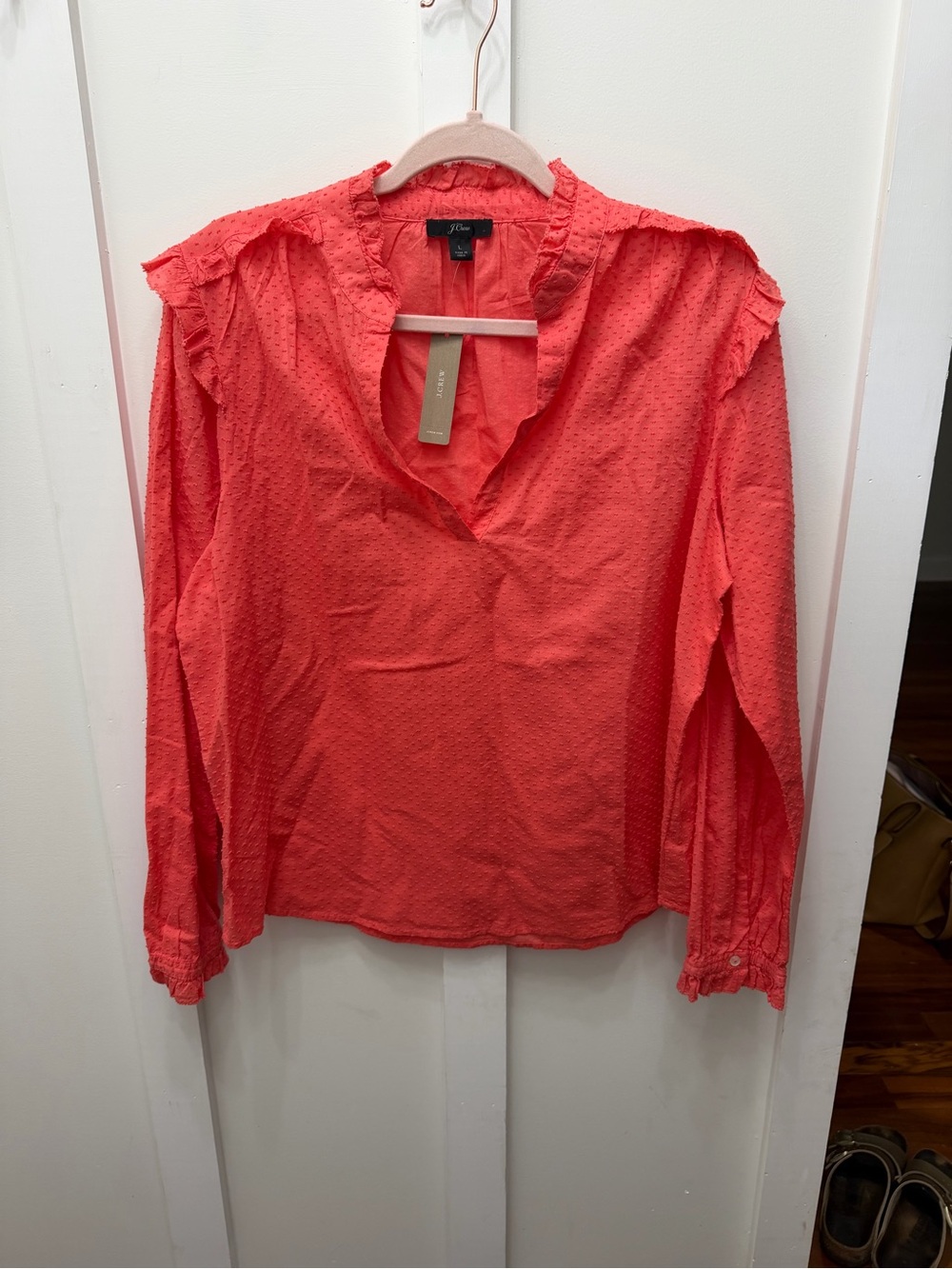 J. Crew Coral Textured V-Neck Ruffle-Trim Blouse